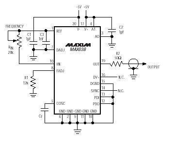 MAX038 configurado como generador senoidal.