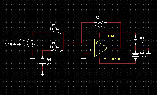 Sumador inversor con LM358: senoidal de 2 Vpp más 3 V de CD.