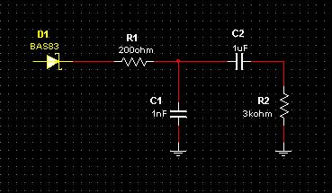 Etapa demoduladora: diodo, pasa bajas (200 Ω, 1 nF) y pasa altas (1 µF, 3 kΩ).