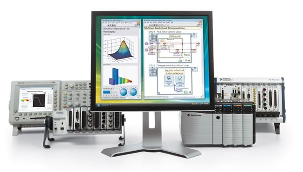 PC con software de adquisición y control rodeada de osciloscopio de banco, chasis modulares y controlador industrial